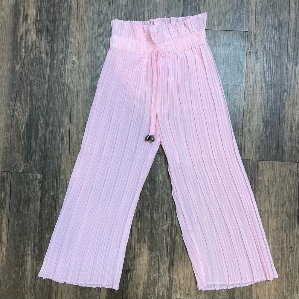 Girls Pleated Wide Leg Light Pink Pull On Lightweight Elastic Waist Pant 3 -4